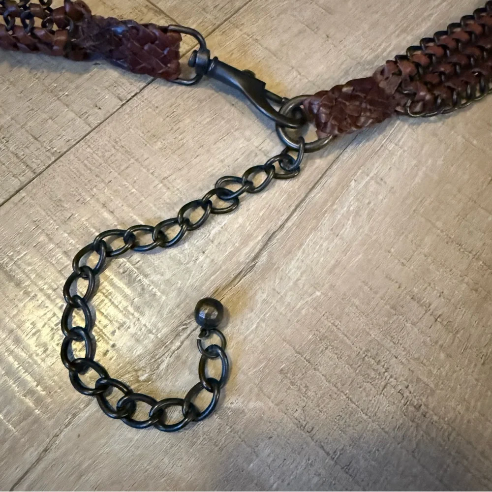 VTG brown leather brass Chain Belt hook closure estimated S M boho western